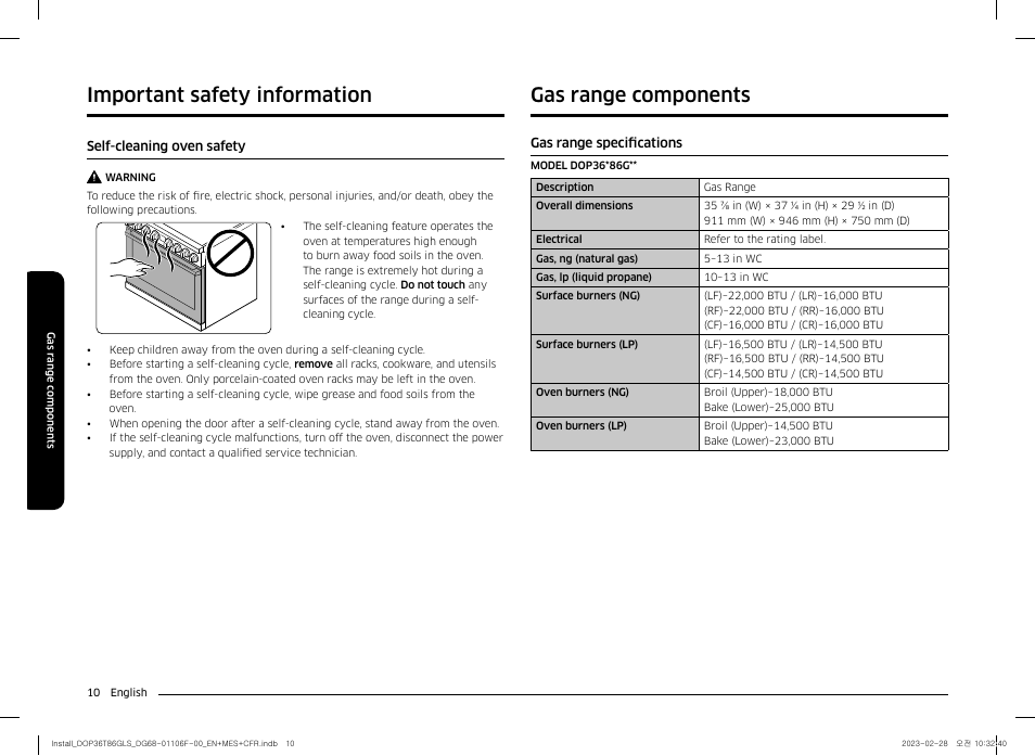 Self-cleaning oven safety, Gas range components, Gas range specifications | Important safety information | Dacor Transitional 36 Inch Freestanding Gas Smart Range Install Guide User Manual | Page 10 / 96