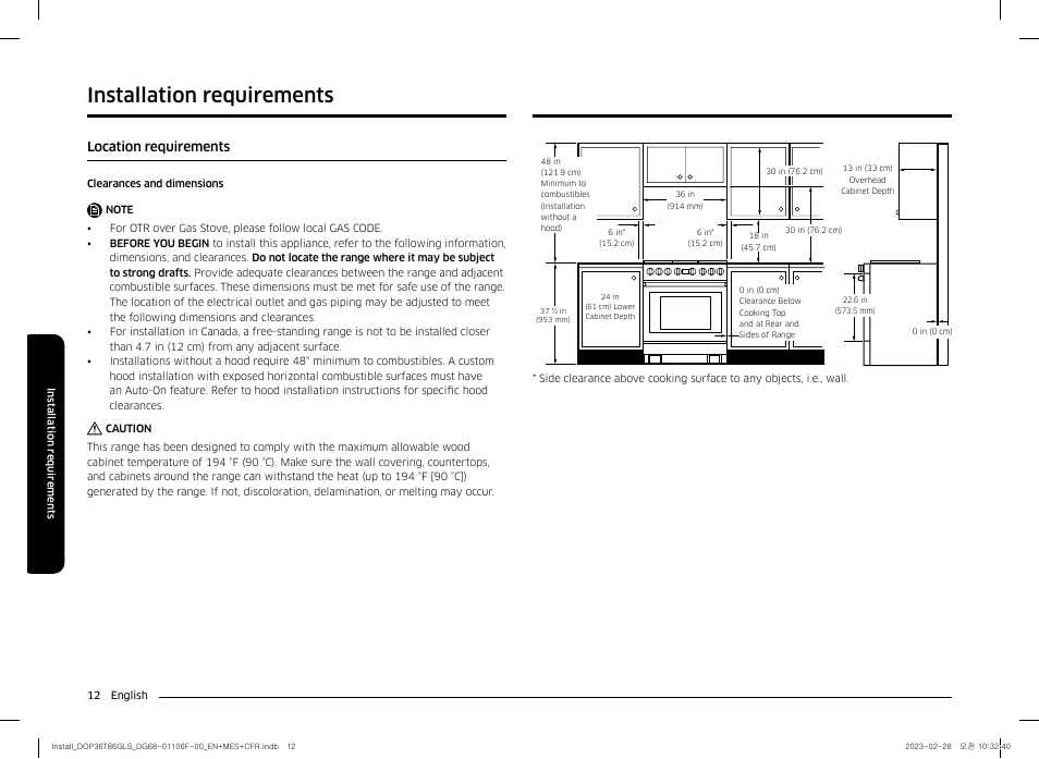 Installation requirements, Location requirements | Dacor Transitional 36 Inch Freestanding Gas Smart Range Install Guide User Manual | Page 12 / 96