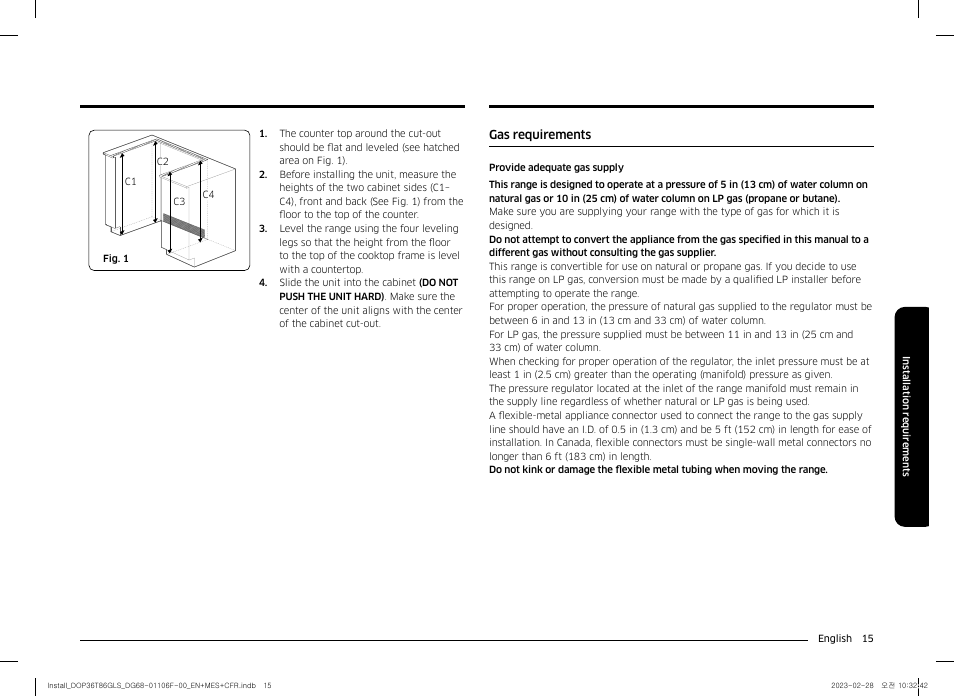 Gas requirements | Dacor Transitional 36 Inch Freestanding Gas Smart Range Install Guide User Manual | Page 15 / 96