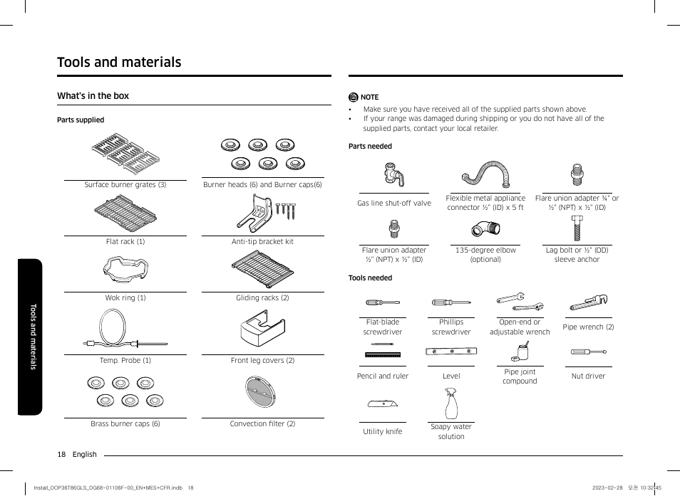 Tools and materials, What’s in the box | Dacor Transitional 36 Inch Freestanding Gas Smart Range Install Guide User Manual | Page 18 / 96