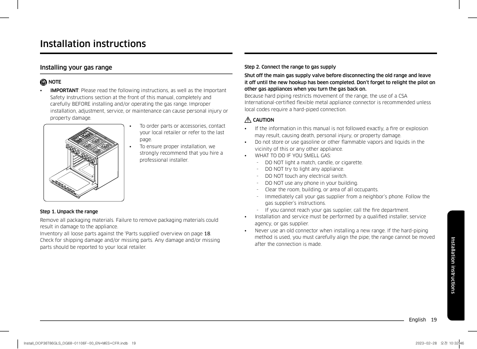 Installation instructions, Installing your gas range | Dacor Transitional 36 Inch Freestanding Gas Smart Range Install Guide User Manual | Page 19 / 96