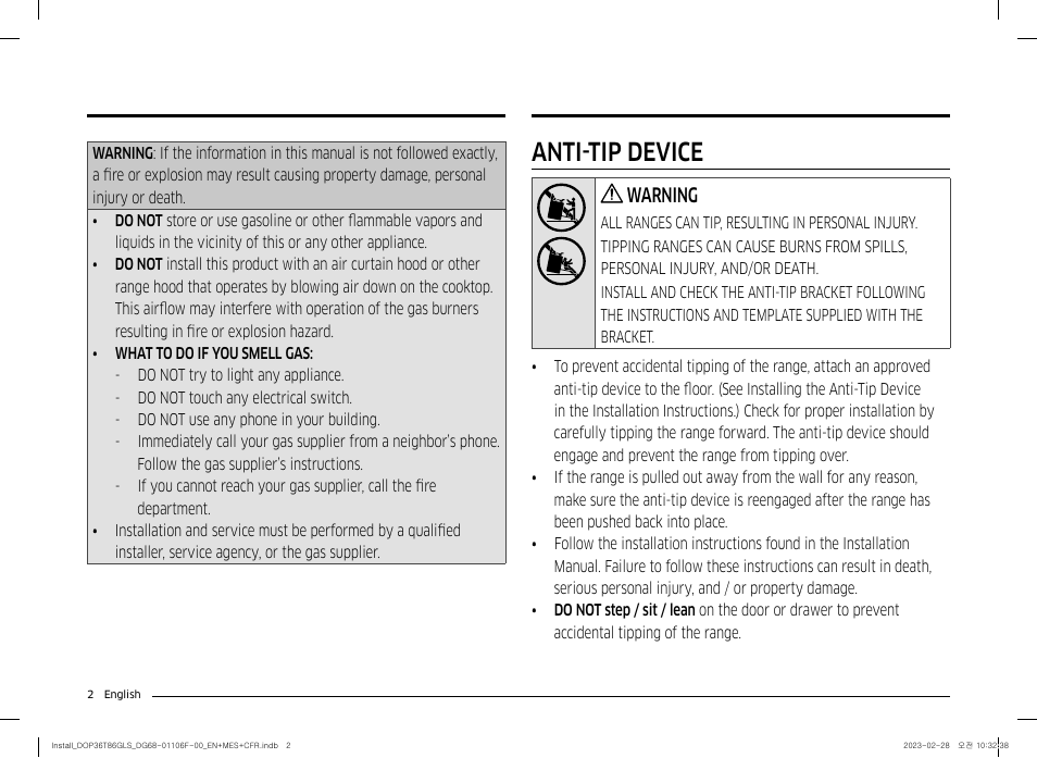 Anti-tip device, Warning | Dacor Transitional 36 Inch Freestanding Gas Smart Range Install Guide User Manual | Page 2 / 96