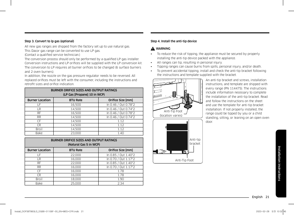 Dacor Transitional 36 Inch Freestanding Gas Smart Range Install Guide User Manual | Page 21 / 96