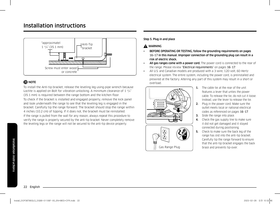 Installation instructions | Dacor Transitional 36 Inch Freestanding Gas Smart Range Install Guide User Manual | Page 22 / 96