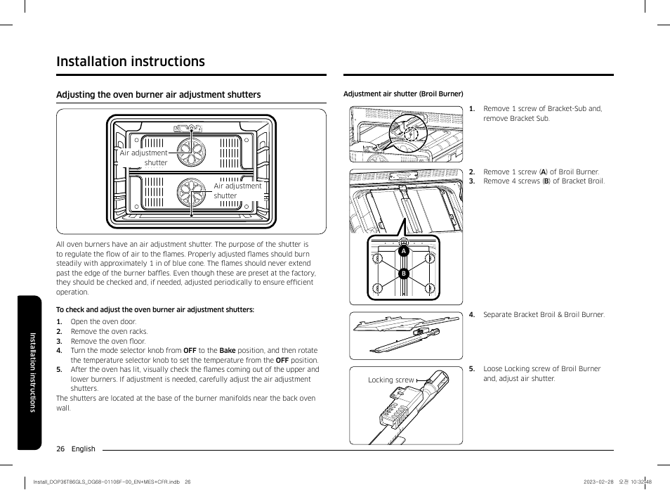 Adjusting the oven burner air adjustment shutters, Installation instructions | Dacor Transitional 36 Inch Freestanding Gas Smart Range Install Guide User Manual | Page 26 / 96