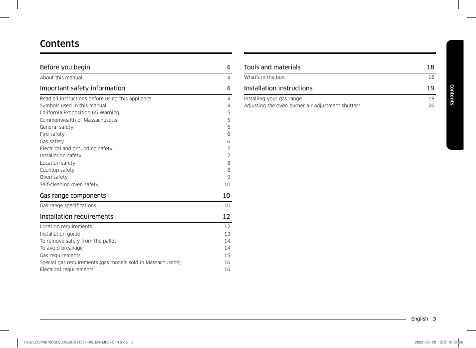 Dacor Transitional 36 Inch Freestanding Gas Smart Range Install Guide User Manual | Page 3 / 96