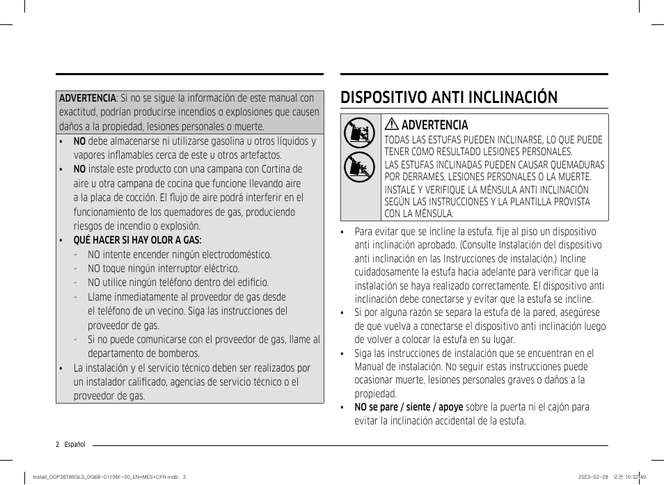Dispositivo anti inclinación, Advertencia | Dacor Transitional 36 Inch Freestanding Gas Smart Range Install Guide User Manual | Page 34 / 96