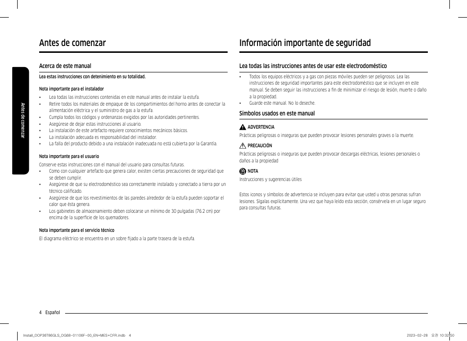 Antes de comenzar, Acerca de este manual, Información importante de seguridad | Símbolos usados en este manual | Dacor Transitional 36 Inch Freestanding Gas Smart Range Install Guide User Manual | Page 36 / 96
