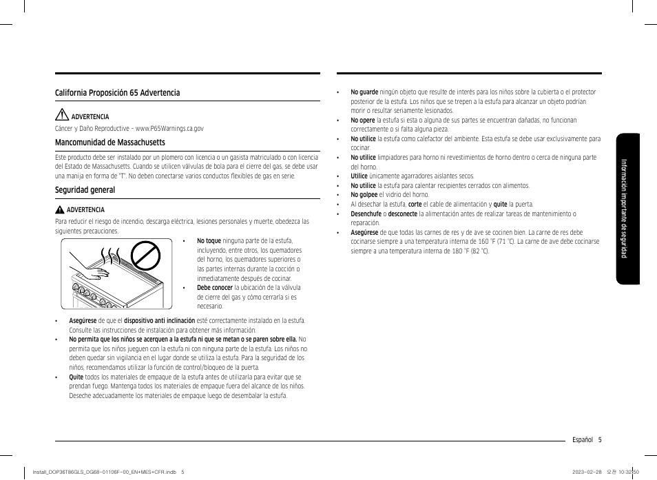 California proposición 65 advertencia, Mancomunidad de massachusetts, Seguridad general | Dacor Transitional 36 Inch Freestanding Gas Smart Range Install Guide User Manual | Page 37 / 96