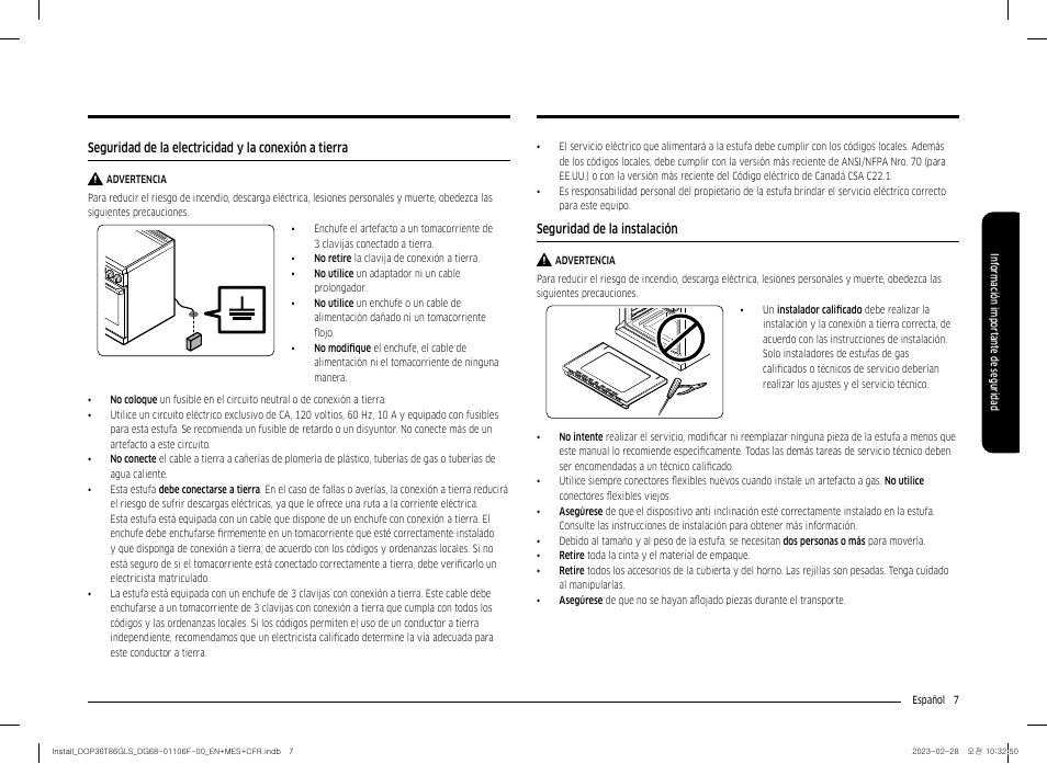 Seguridad de la instalación | Dacor Transitional 36 Inch Freestanding Gas Smart Range Install Guide User Manual | Page 39 / 96