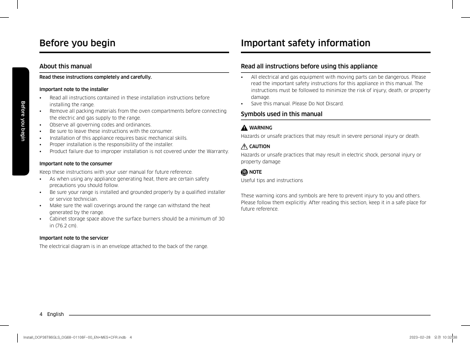 Before you begin, About this manual, Important safety information | Read all instructions before using this appliance, Symbols used in this manual | Dacor Transitional 36 Inch Freestanding Gas Smart Range Install Guide User Manual | Page 4 / 96