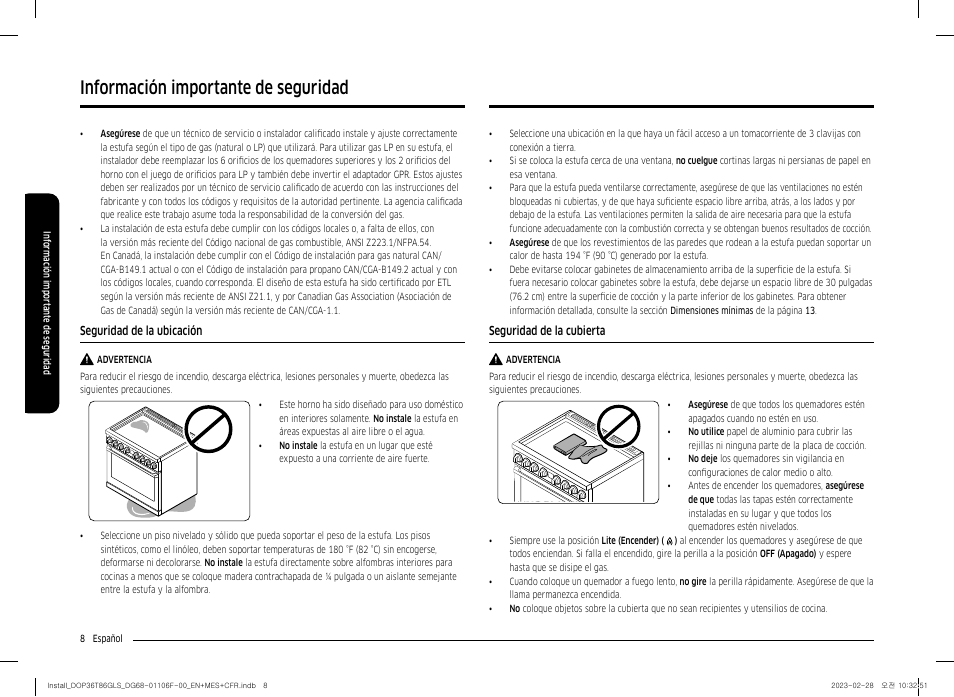 Seguridad de la ubicación, Seguridad de la cubierta, Información importante de seguridad | Dacor Transitional 36 Inch Freestanding Gas Smart Range Install Guide User Manual | Page 40 / 96