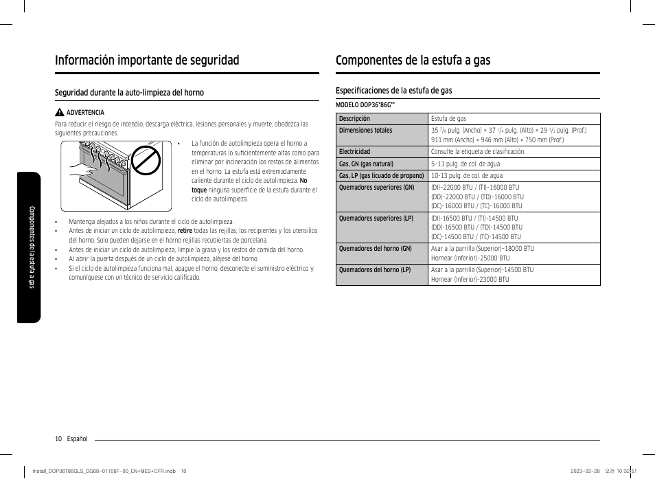 Seguridad durante la auto-limpieza del horno, Componentes de la estufa a gas, Especificaciones de la estufa de gas | Información importante de seguridad | Dacor Transitional 36 Inch Freestanding Gas Smart Range Install Guide User Manual | Page 42 / 96