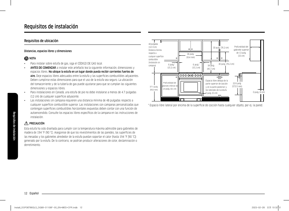 Requisitos de instalación, Requisitos de ubicación | Dacor Transitional 36 Inch Freestanding Gas Smart Range Install Guide User Manual | Page 44 / 96
