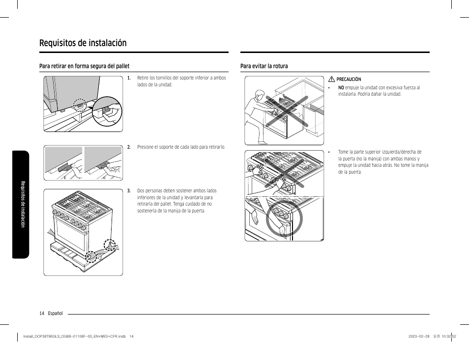 Para retirar en forma segura del pallet, Para evitar la rotura, Requisitos de instalación | Dacor Transitional 36 Inch Freestanding Gas Smart Range Install Guide User Manual | Page 46 / 96