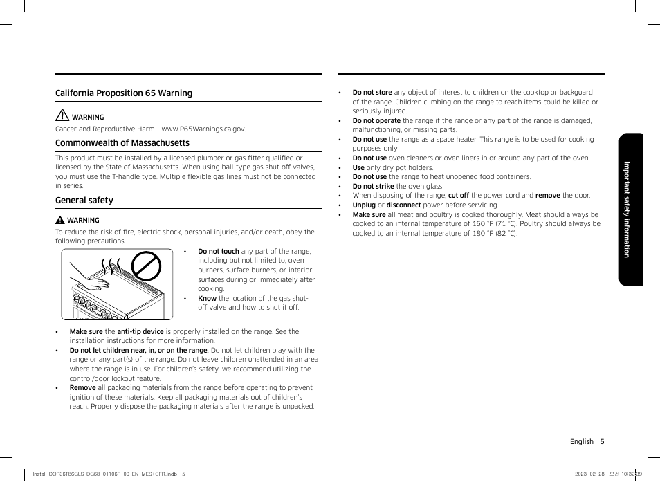 California proposition 65 warning, Commonwealth of massachusetts, General safety | Dacor Transitional 36 Inch Freestanding Gas Smart Range Install Guide User Manual | Page 5 / 96