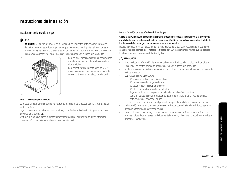 Instrucciones de instalación, Instalación de la estufa de gas | Dacor Transitional 36 Inch Freestanding Gas Smart Range Install Guide User Manual | Page 51 / 96