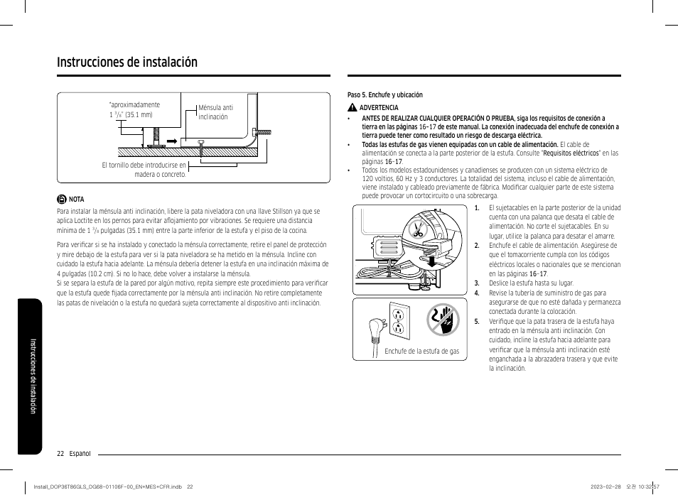 Instrucciones de instalación | Dacor Transitional 36 Inch Freestanding Gas Smart Range Install Guide User Manual | Page 54 / 96