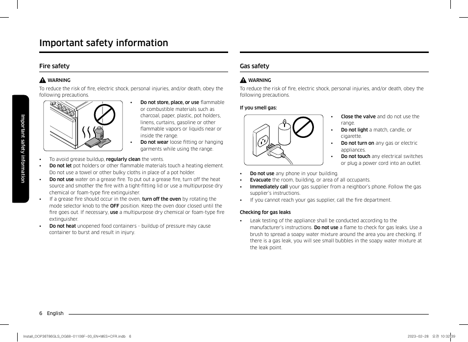 Fire safety, Gas safety, Important safety information | Dacor Transitional 36 Inch Freestanding Gas Smart Range Install Guide User Manual | Page 6 / 96