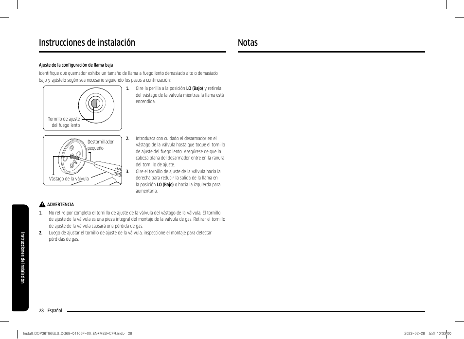 Instrucciones de instalación, Notas | Dacor Transitional 36 Inch Freestanding Gas Smart Range Install Guide User Manual | Page 60 / 96