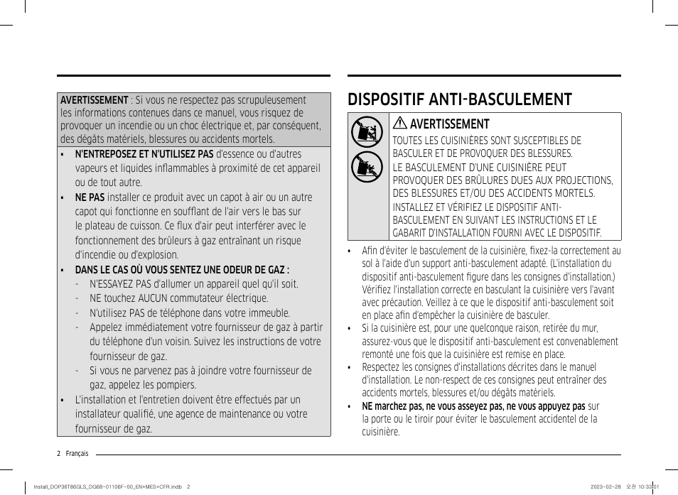 Dispositif anti-basculement, Avertissement | Dacor Transitional 36 Inch Freestanding Gas Smart Range Install Guide User Manual | Page 66 / 96