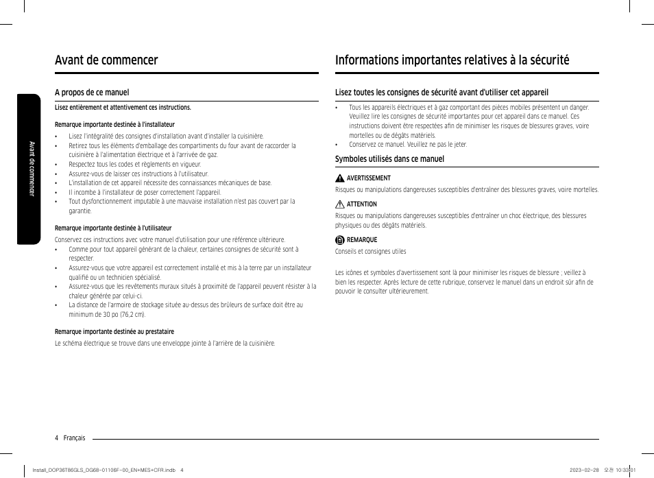 Avant de commencer, A propos de ce manuel, Informations importantes relatives à la sécurité | Symboles utilisés dans ce manuel | Dacor Transitional 36 Inch Freestanding Gas Smart Range Install Guide User Manual | Page 68 / 96