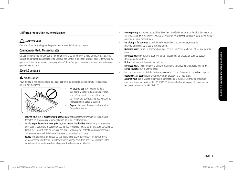 California proposition 65 avertissement, Commonwealth du massachusetts, Sécurité générale | Dacor Transitional 36 Inch Freestanding Gas Smart Range Install Guide User Manual | Page 69 / 96