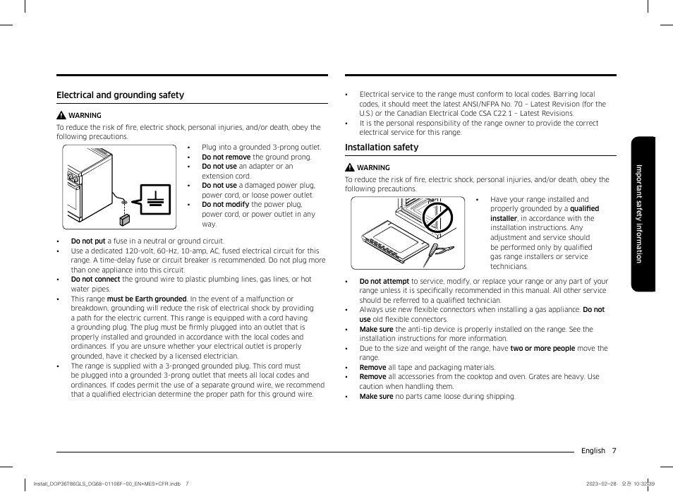 Electrical and grounding safety, Installation safety | Dacor Transitional 36 Inch Freestanding Gas Smart Range Install Guide User Manual | Page 7 / 96