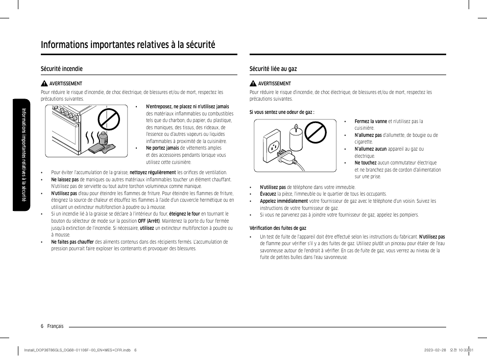 Sécurité incendie, Sécurité liée au gaz, Informations importantes relatives à la sécurité | Dacor Transitional 36 Inch Freestanding Gas Smart Range Install Guide User Manual | Page 70 / 96