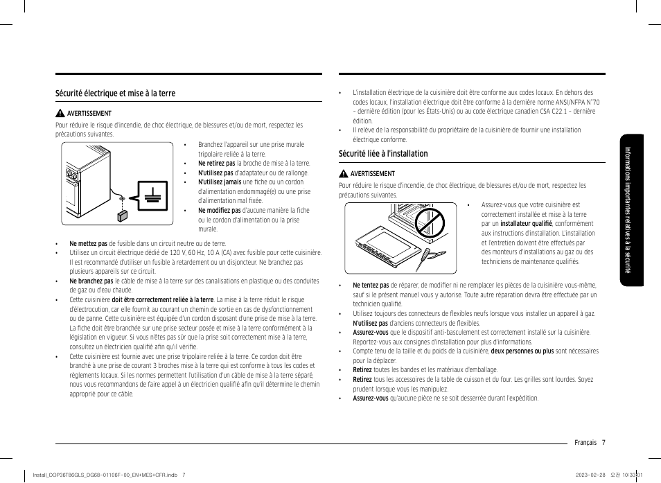 Sécurité électrique et mise à la terre, Sécurité liée à l'installation | Dacor Transitional 36 Inch Freestanding Gas Smart Range Install Guide User Manual | Page 71 / 96