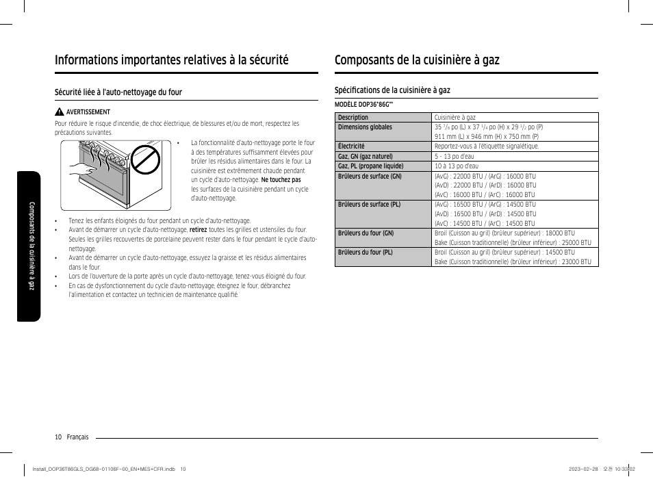 Sécurité liée à l'auto-nettoyage du four, Composants de la cuisinière à gaz, Spécifications de la cuisinière à gaz | Informations importantes relatives à la sécurité | Dacor Transitional 36 Inch Freestanding Gas Smart Range Install Guide User Manual | Page 74 / 96