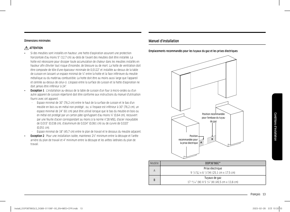 Manuel d'installation, Tion, Dimensions minimales | Dacor Transitional 36 Inch Freestanding Gas Smart Range Install Guide User Manual | Page 77 / 96