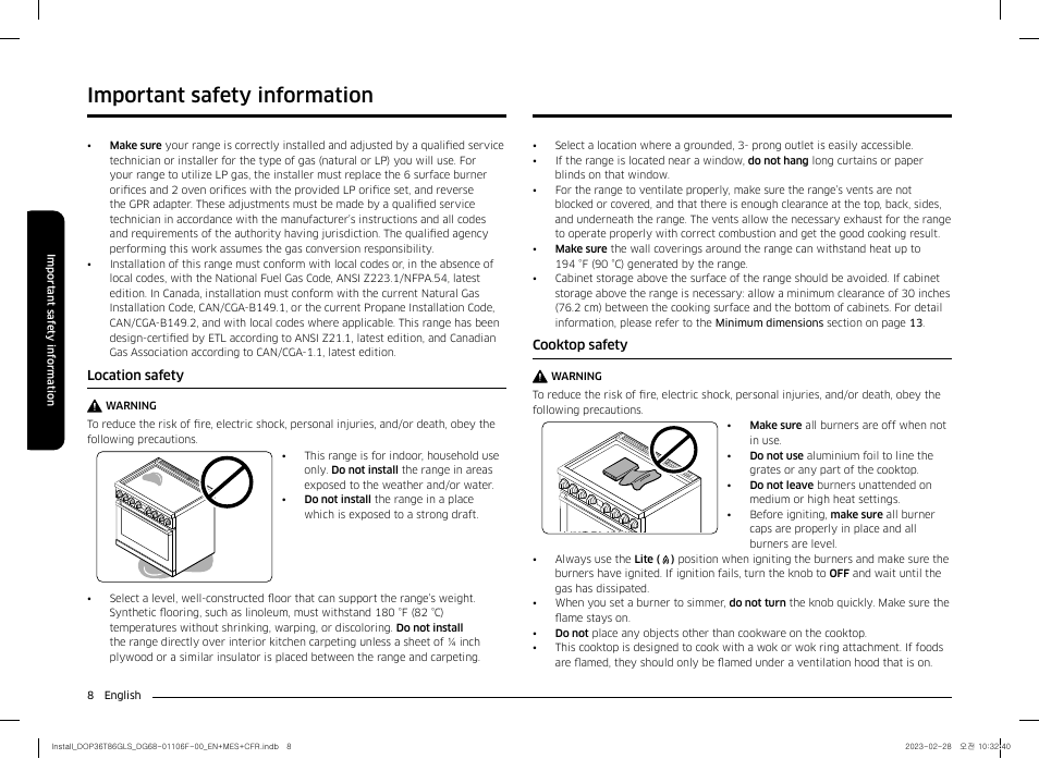 Location safety, Cooktop safety, Important safety information | Dacor Transitional 36 Inch Freestanding Gas Smart Range Install Guide User Manual | Page 8 / 96