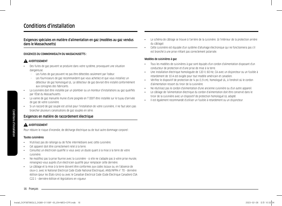 Exigences en matière de raccordement électrique, Conditions d'installation | Dacor Transitional 36 Inch Freestanding Gas Smart Range Install Guide User Manual | Page 80 / 96