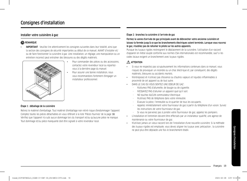 Consignes d'installation, Installer votre cuisinière à gaz | Dacor Transitional 36 Inch Freestanding Gas Smart Range Install Guide User Manual | Page 83 / 96