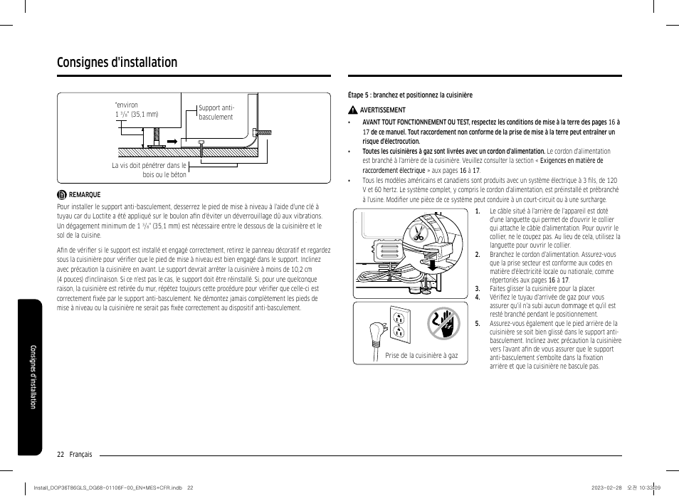 Consignes d'installation | Dacor Transitional 36 Inch Freestanding Gas Smart Range Install Guide User Manual | Page 86 / 96