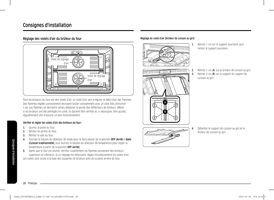 Réglage des volets d'air du brûleur du four, Consignes d'installation | Dacor Transitional 36 Inch Freestanding Gas Smart Range Install Guide User Manual | Page 90 / 96