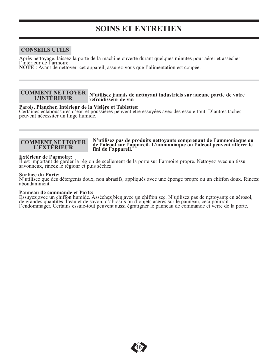 Soins et entretien | Danby DWC508BLS User Manual | Page 16 / 27