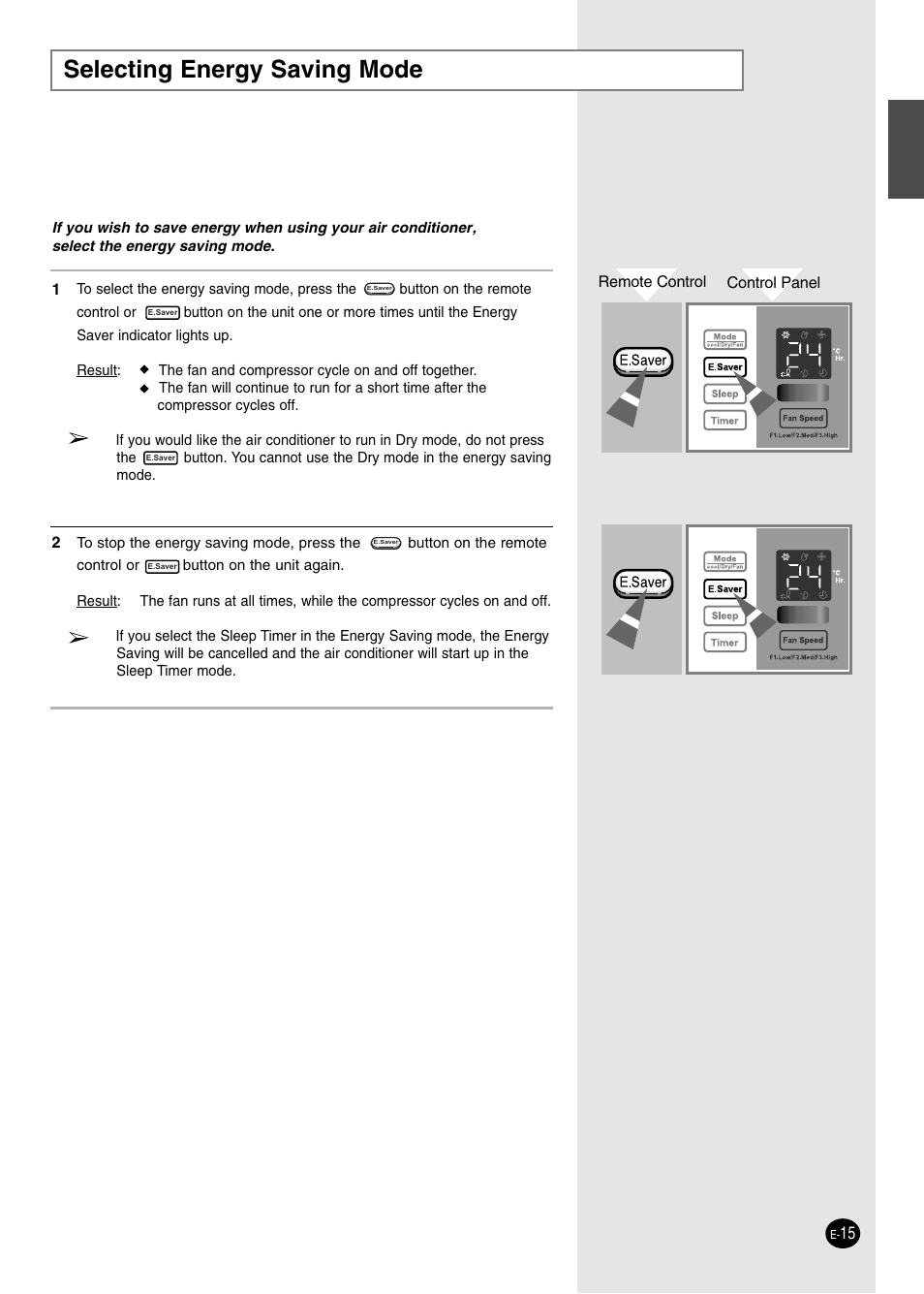 Selecting energy saving mode | Danby DAC14004D User Manual | Page 15 / 58