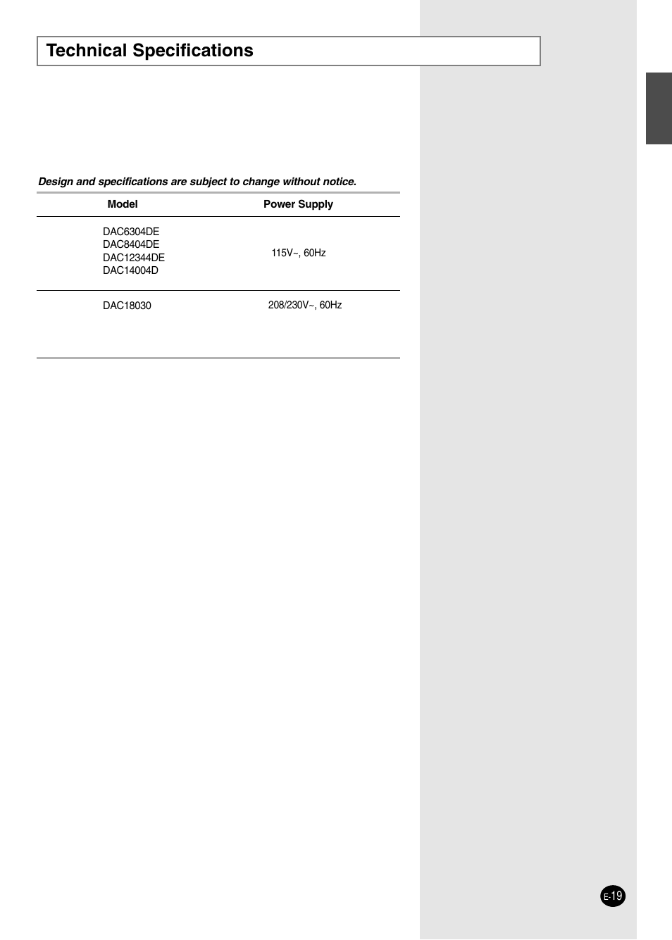 Technical specifications | Danby DAC14004D User Manual | Page 19 / 58
