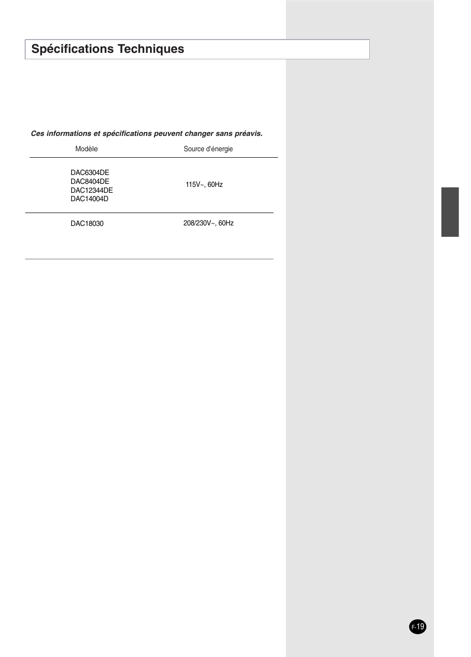 Spécifications techniques | Danby DAC14004D User Manual | Page 55 / 58