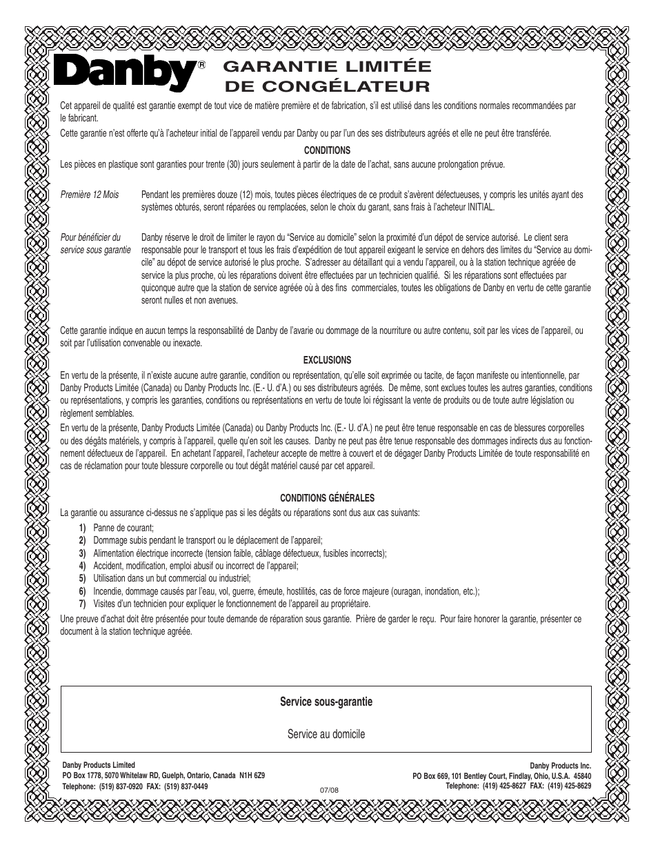 Garantie limitée de congélateur | Danby DUF808WE User Manual | Page 11 / 17