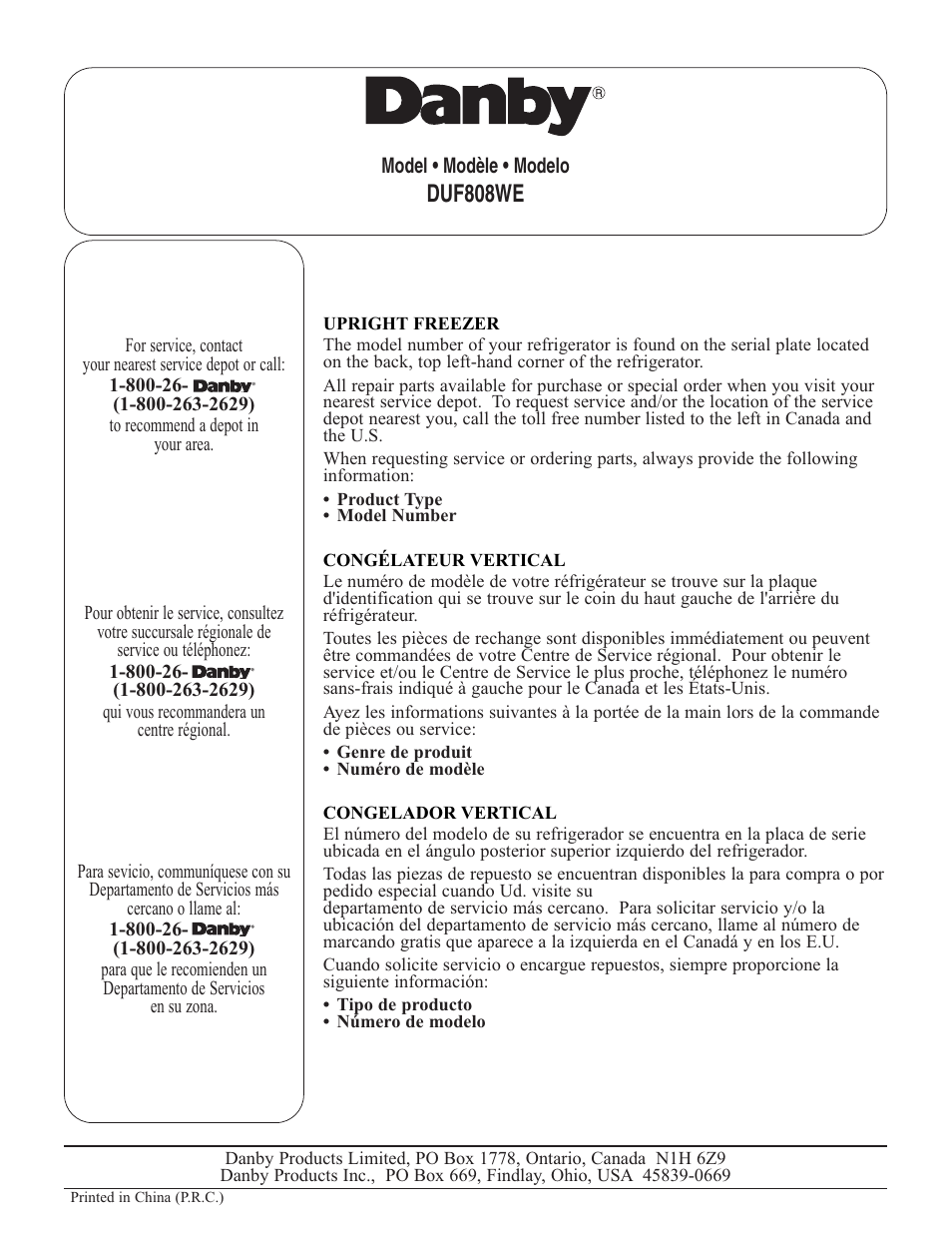 Duf808we | Danby DUF808WE User Manual | Page 17 / 17