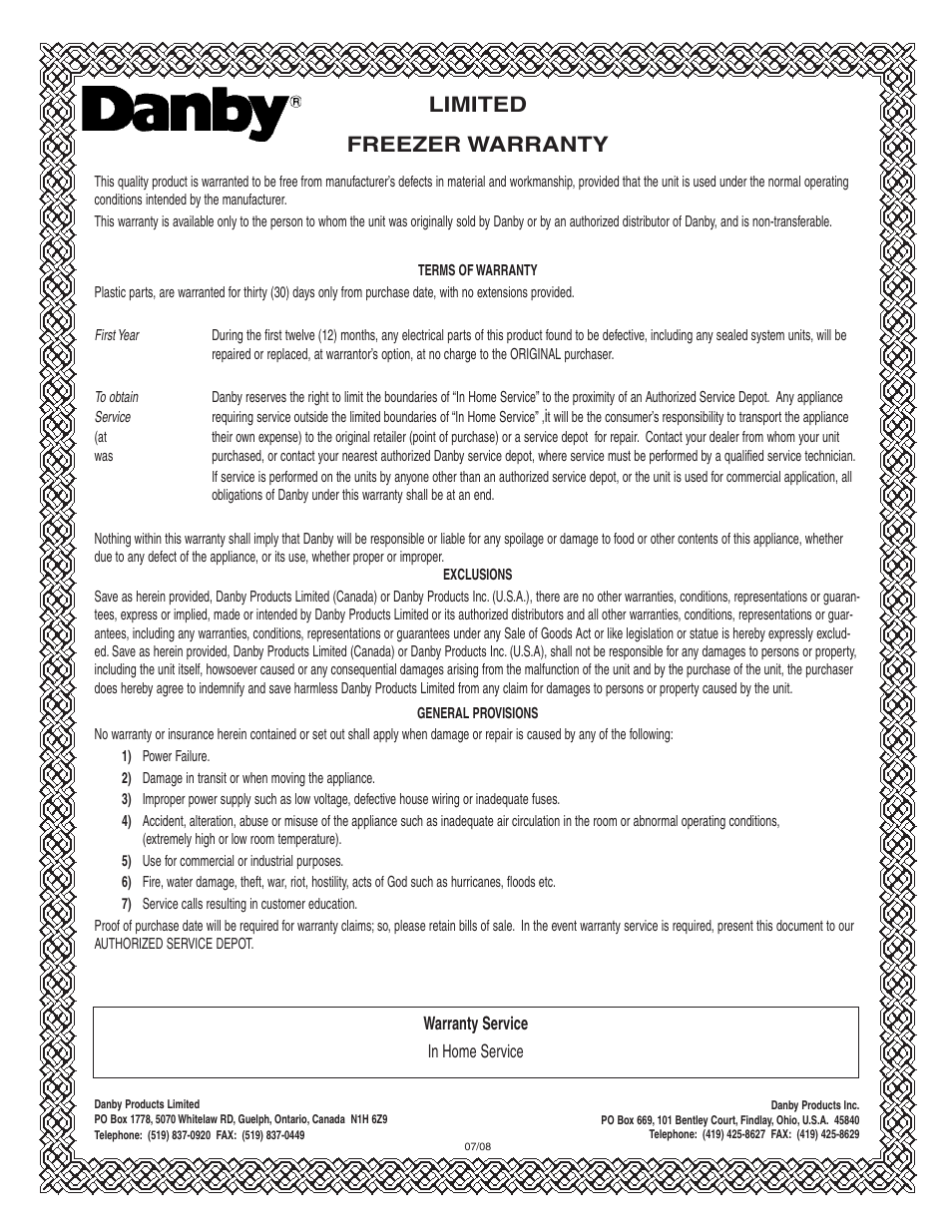 Limited freezer warranty | Danby DUF808WE User Manual | Page 6 / 17