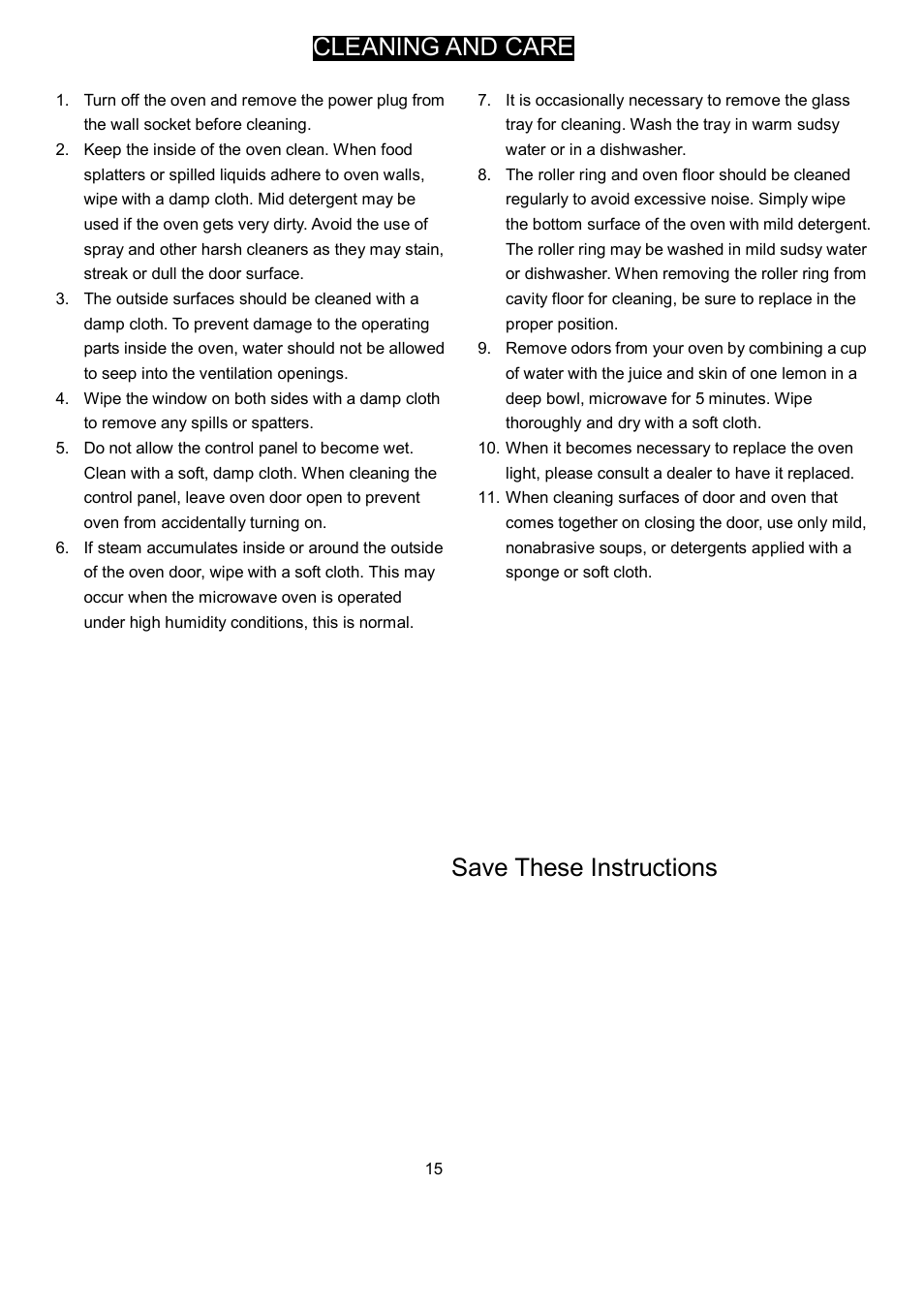 Cleaning and care, Save these instructions | Danby DMW1158BL User Manual | Page 18 / 52