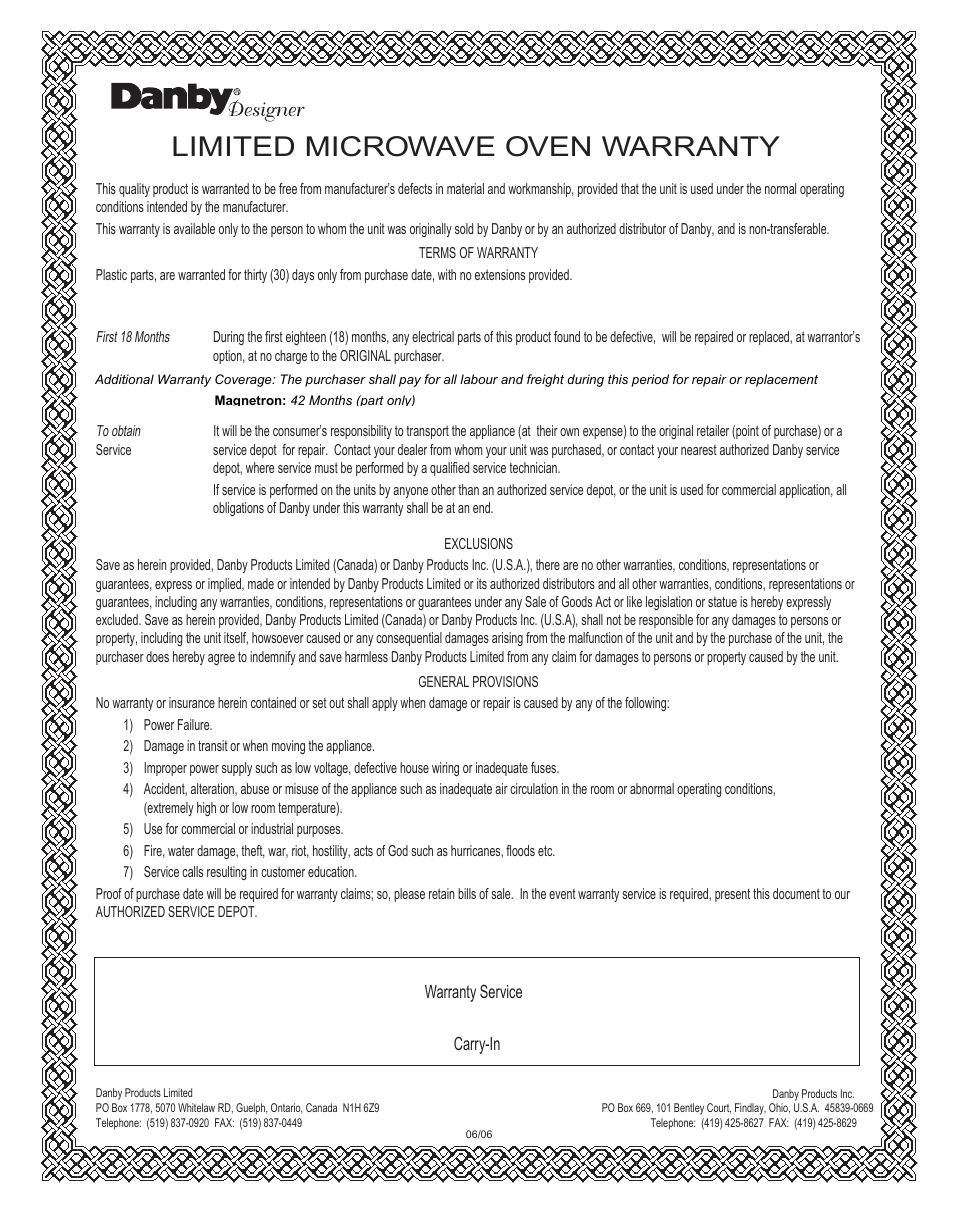 Limited microwave oven warranty | Danby DMW1158BL User Manual | Page 19 / 52