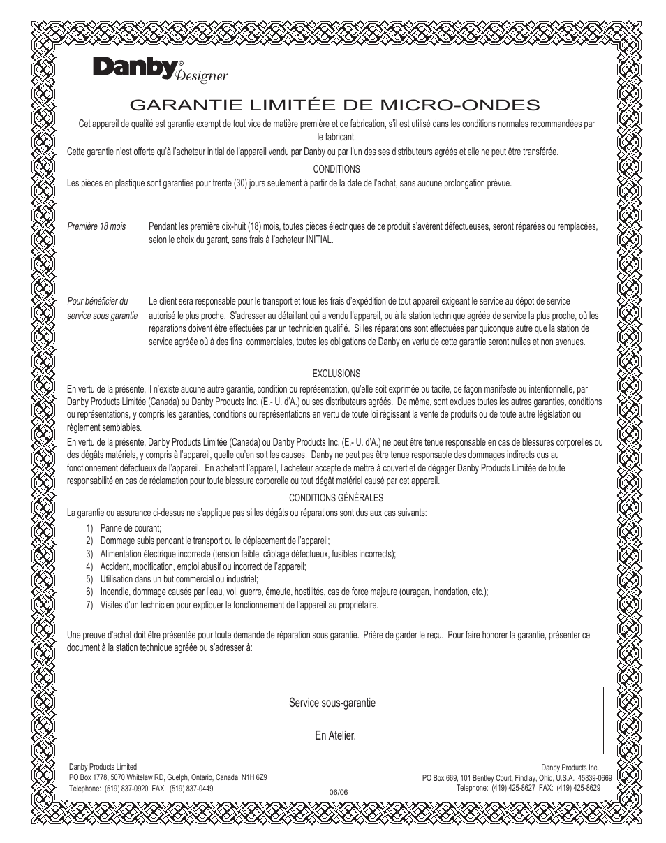 Garantie limitée de micro-ondes | Danby DMW1158BL User Manual | Page 35 / 52