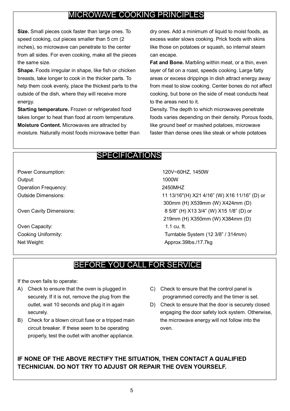 Microwave cooking principles, Specifications, Before you call for service | Danby DMW1158BL User Manual | Page 8 / 52