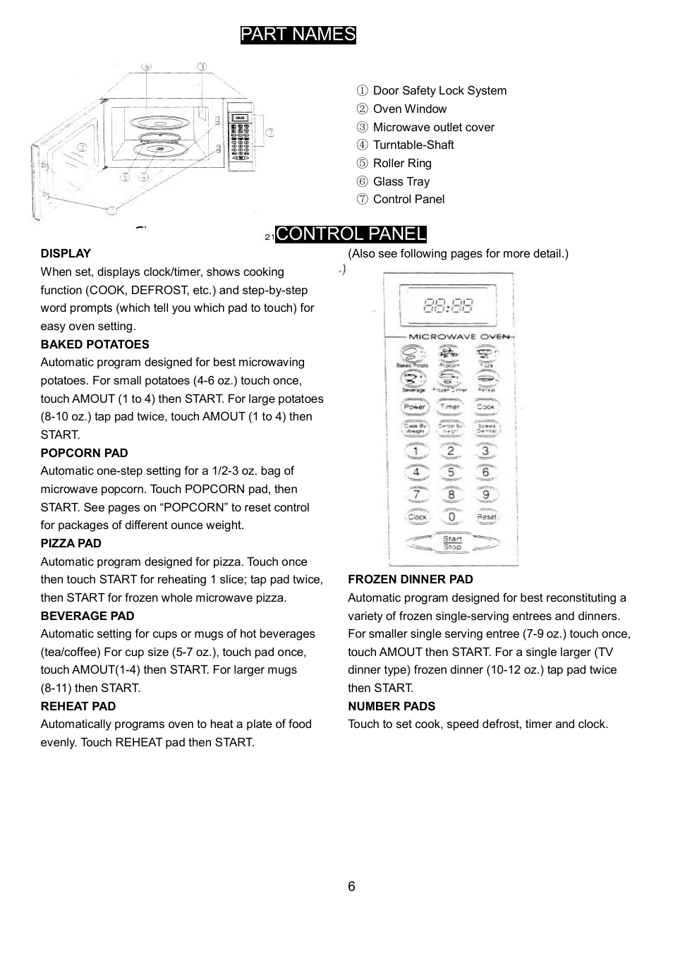Part names, Concontrol panel | Danby DMW1158BL User Manual | Page 9 / 52