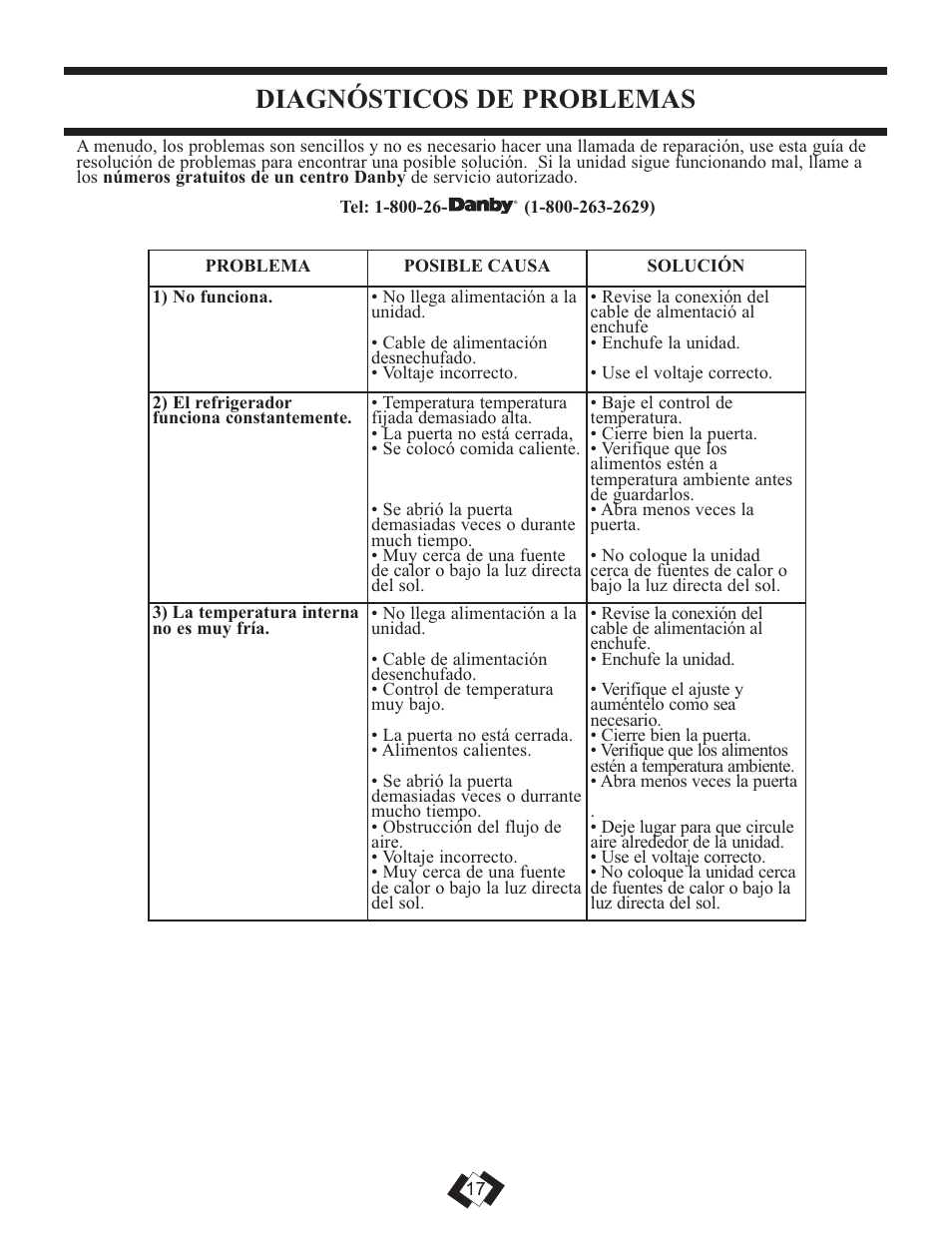 Diagnósticos de problemas | Danby DCR059WE User Manual | Page 16 / 17